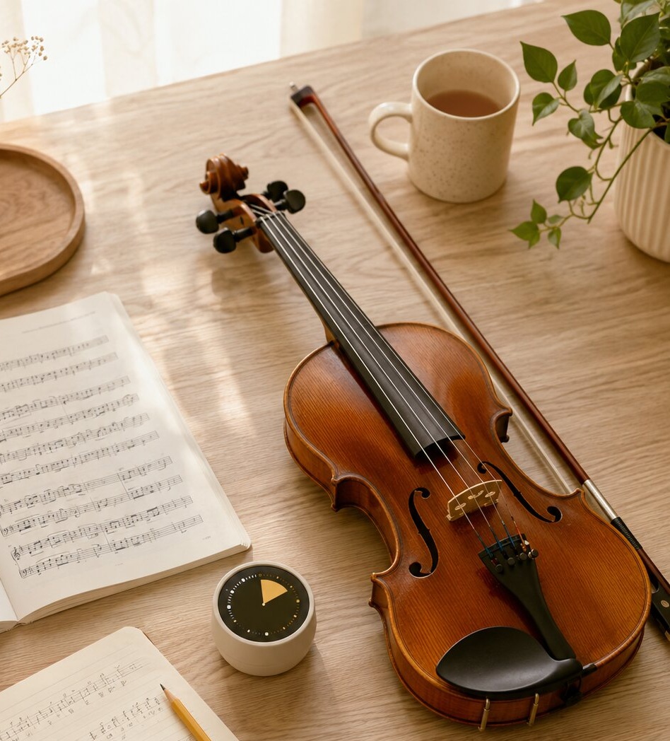 Violín, partitura y temporizador para una sesión de estudio de 15 minutos